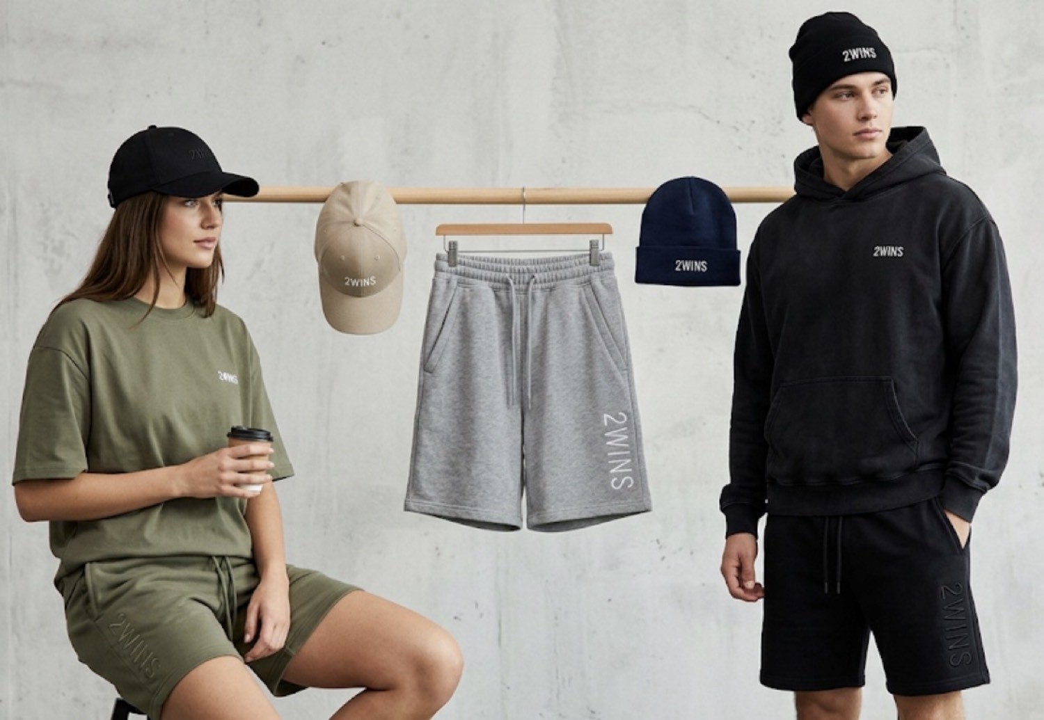 2WINS essentials — tees, shorts, caps and beanies